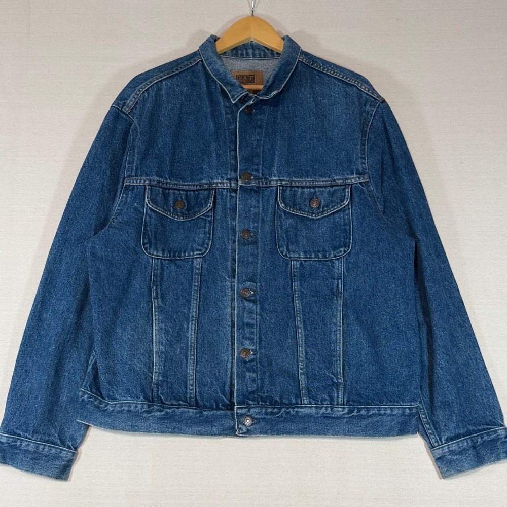 Vintage 90s Gap Denim Trucker Jacket Mens XL Blue Cotton Button Up Jean Jacket